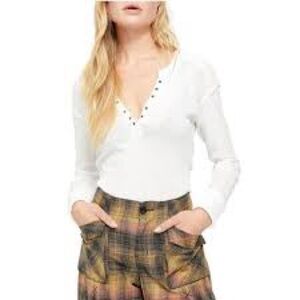 We The Free Ivory Long Sleeve Top with Studded V-Neck